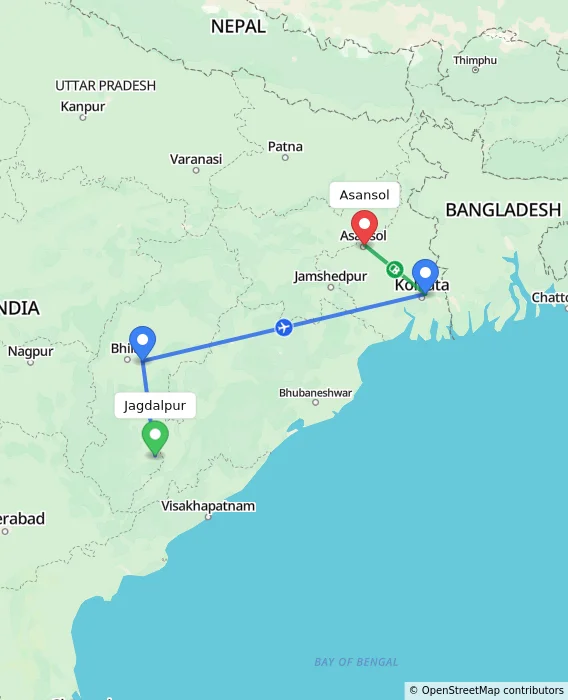 Route map showing distance and travel time from Jagdalpur, India to Asansol, India