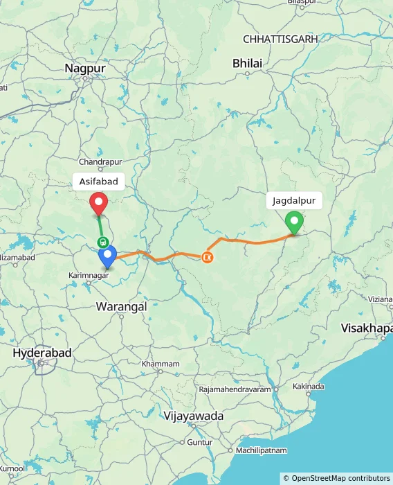 Route map showing distance and travel time from Jagdalpur, India to Asifabad, India