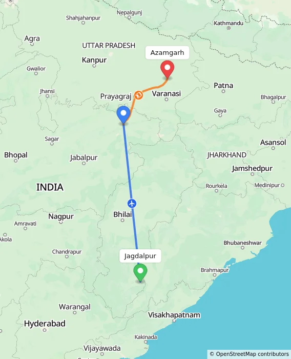 Route map showing distance and travel time from Jagdalpur, India to Azamgarh, India