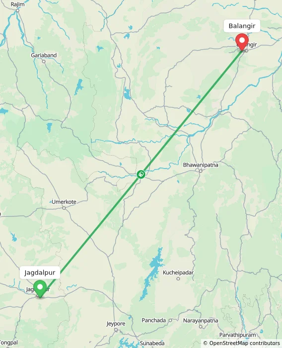 Route map showing distance and travel time from Jagdalpur, India to Balangir, India