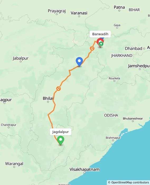 Route map showing distance and travel time from Jagdalpur, India to Barwadih, India