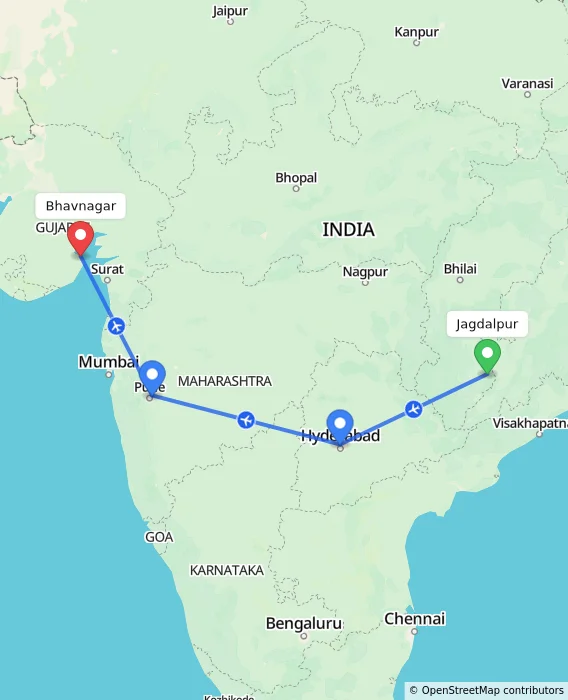 Route map showing distance and travel time from Jagdalpur, India to Bhavnagar, India
