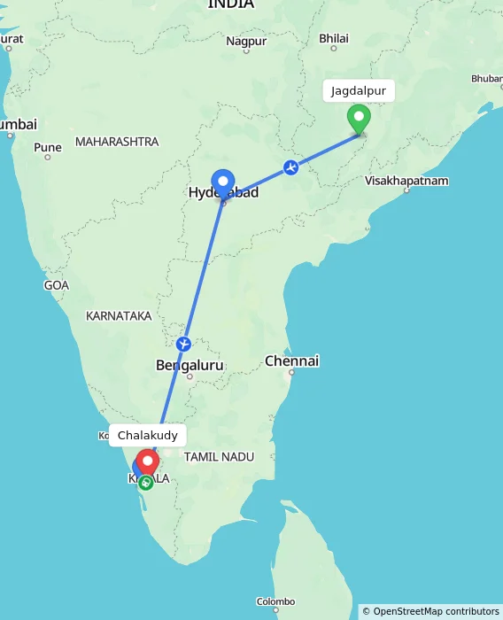 Route map showing distance and travel time from Jagdalpur, India to Chalakudy, India