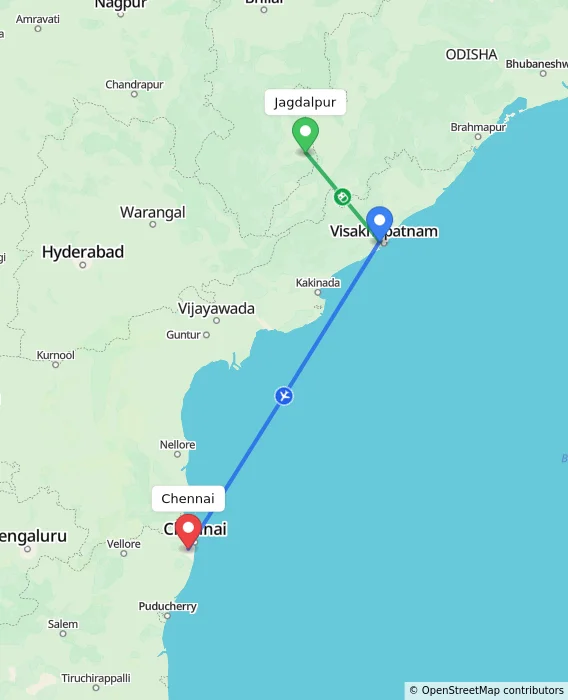 Route map showing distance and travel time from Jagdalpur, India to Chennai, India