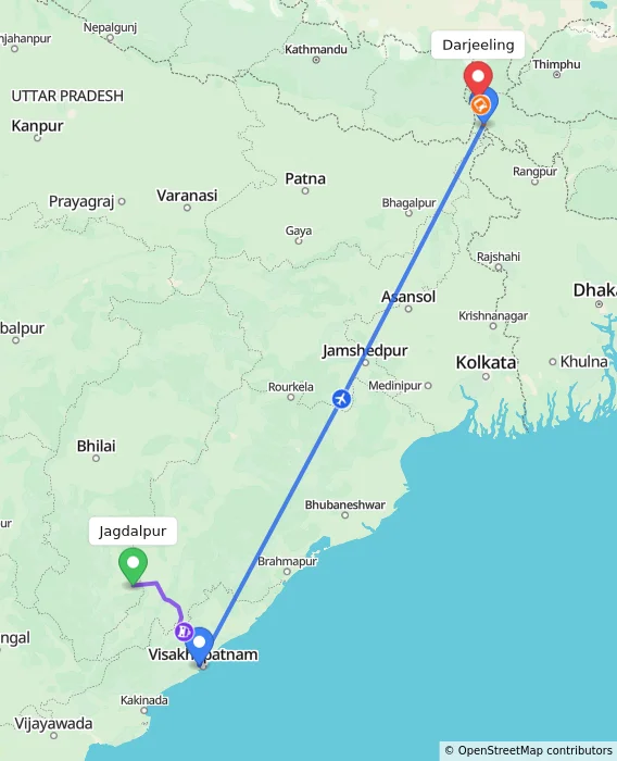 Route map showing distance and travel time from Jagdalpur, India to Darjeeling, India