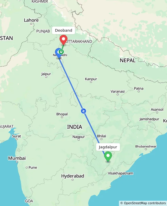 Route map showing distance and travel time from Jagdalpur, India to Deoband, India