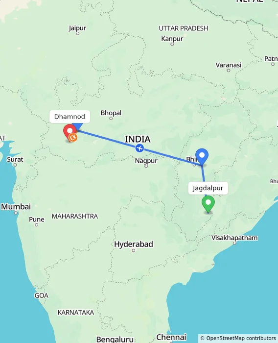 Route map showing distance and travel time from Jagdalpur, India to Dhamnod, India