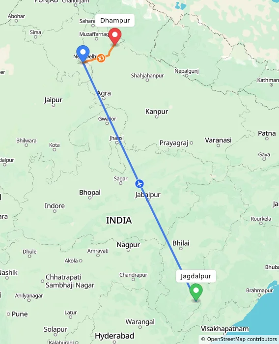 Route map showing distance and travel time from Jagdalpur, India to Dhampur, India
