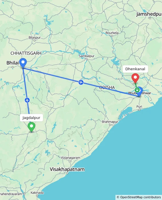 Route map showing distance and travel time from Jagdalpur, India to Dhenkanal, India