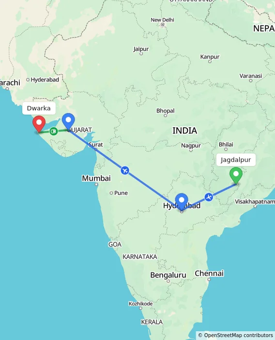 Route map showing distance and travel time from Jagdalpur, India to Dwarka, India