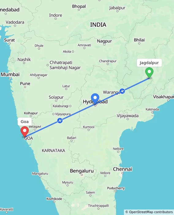 Route map showing distance and travel time from Jagdalpur, India to Goa, India