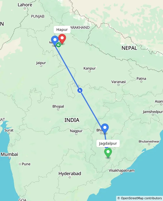 Route map showing distance and travel time from Jagdalpur, India to Hapur, India