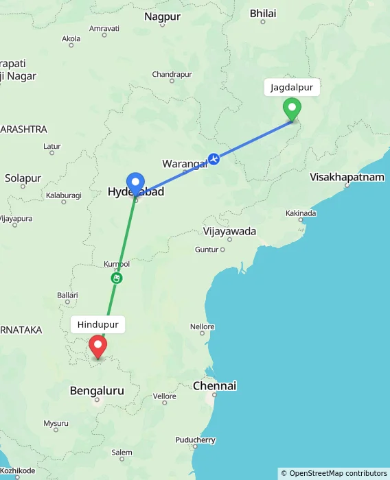Route map showing distance and travel time from Jagdalpur, India to Hindupur, India