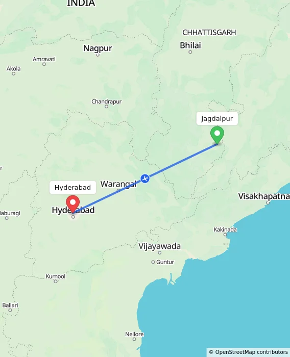 Route map showing distance and travel time from Jagdalpur, India to Hyderabad, India