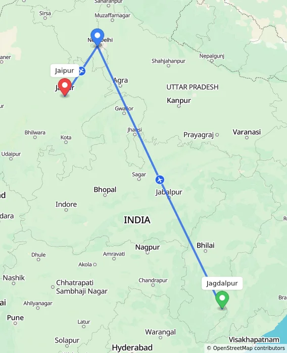Route map showing distance and travel time from Jagdalpur, India to Jaipur, India