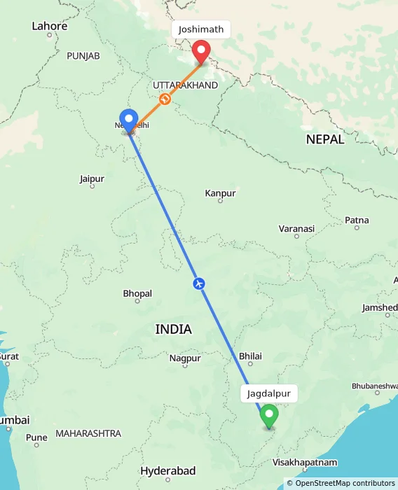 Route map showing distance and travel time from Jagdalpur, India to Joshimath, India
