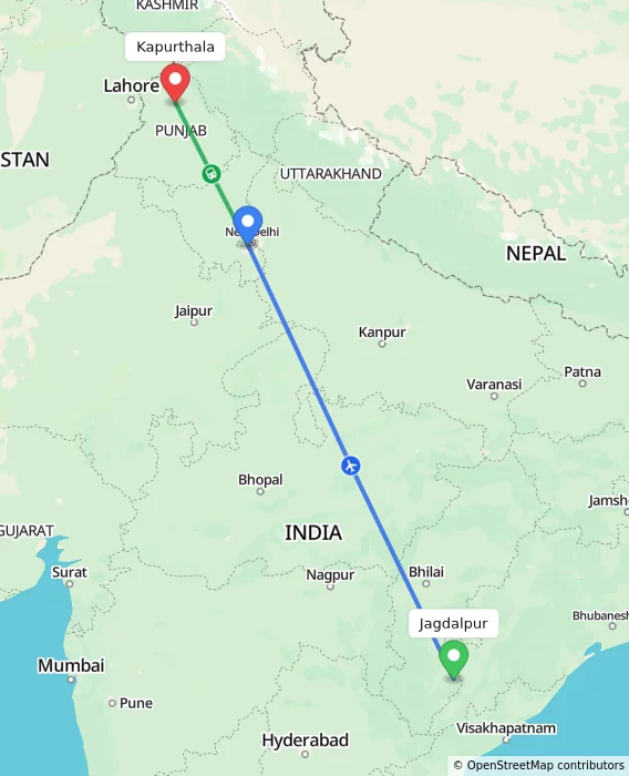 Route map showing distance and travel time from Jagdalpur, India to Kapurthala, India