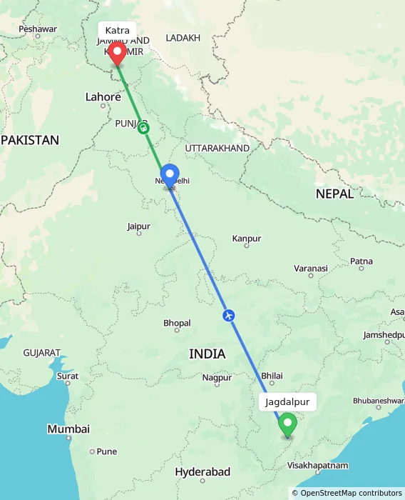 Route map showing distance and travel time from Jagdalpur, India to Katra, India