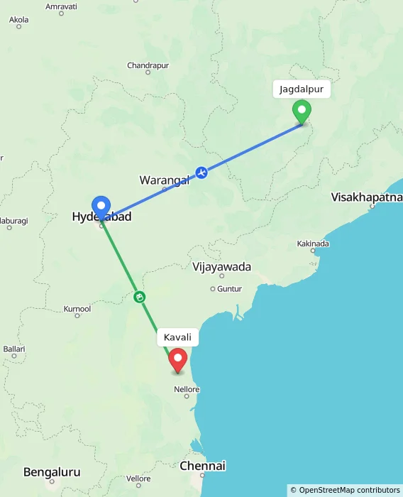 Route map showing distance and travel time from Jagdalpur, India to Kavali, India