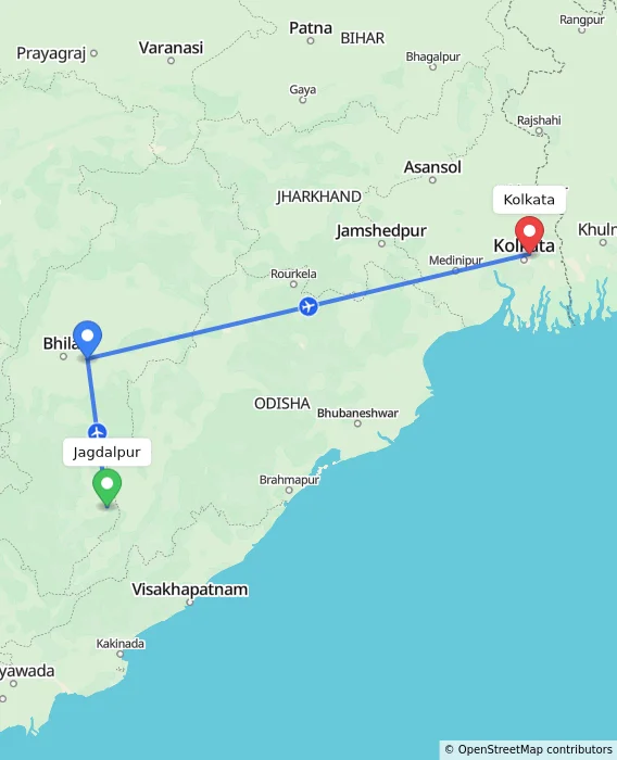 Route map showing distance and travel time from Jagdalpur, India to Kolkata, India