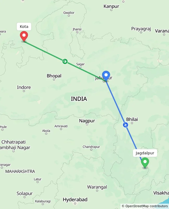 Route map showing distance and travel time from Jagdalpur, India to Kota, India