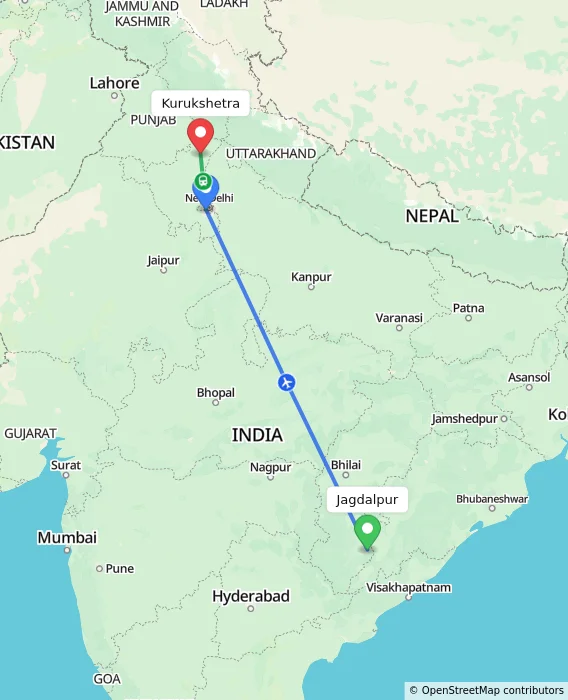 Route map showing distance and travel time from Jagdalpur, India to Kurukshetra, India