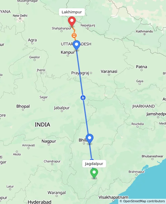 Route map showing distance and travel time from Jagdalpur, India to Lakhimpur, India