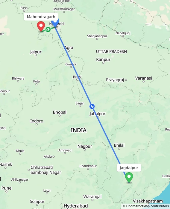 Route map showing distance and travel time from Jagdalpur, India to Mahendragarh, India