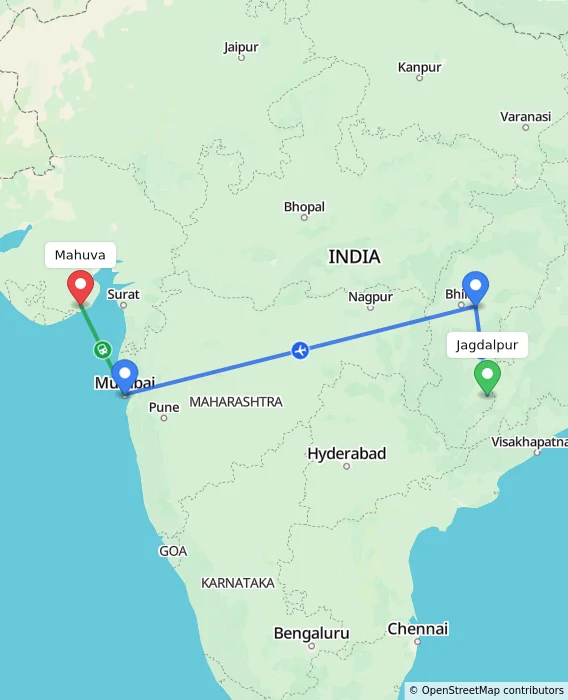Route map showing distance and travel time from Jagdalpur, India to Mahuva, India