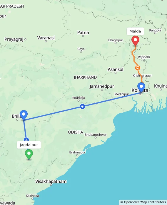 Route map showing distance and travel time from Jagdalpur, India to Malda, India