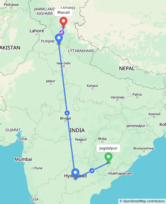 Route map showing distance and travel time from Jagdalpur, India to Manali, India
