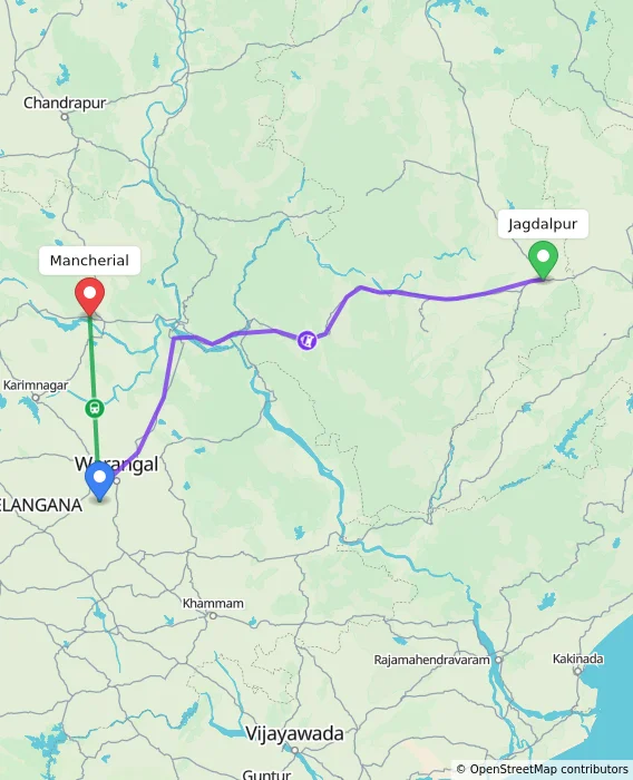 Route map showing distance and travel time from Jagdalpur, India to Mancherial, India