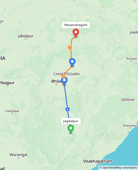 Route map showing distance and travel time from Jagdalpur, India to Manendragarh, India
