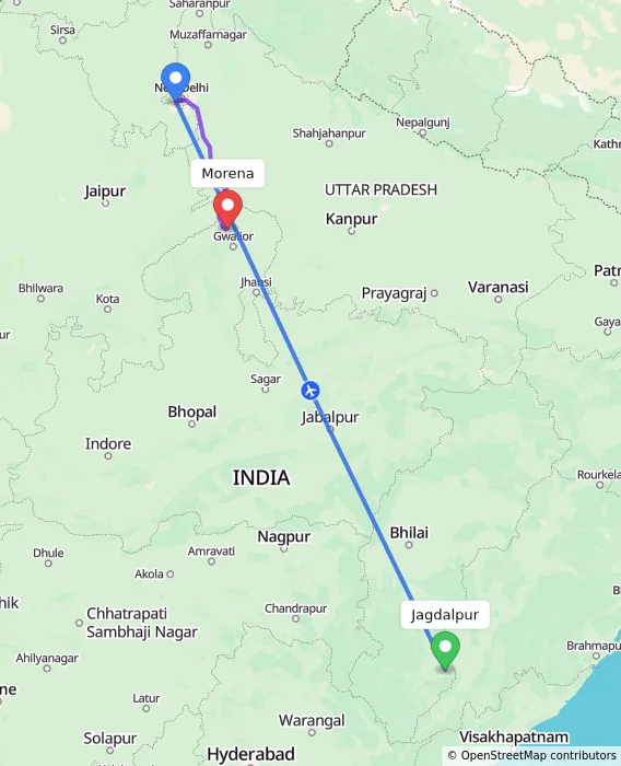 Route map showing distance and travel time from Jagdalpur, India to Morena, India