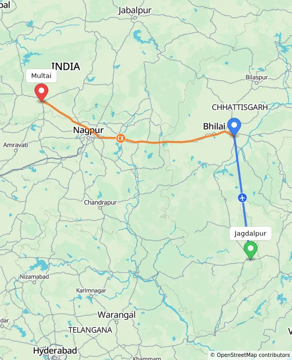 Route map showing distance and travel time from Jagdalpur, India to Multai, India