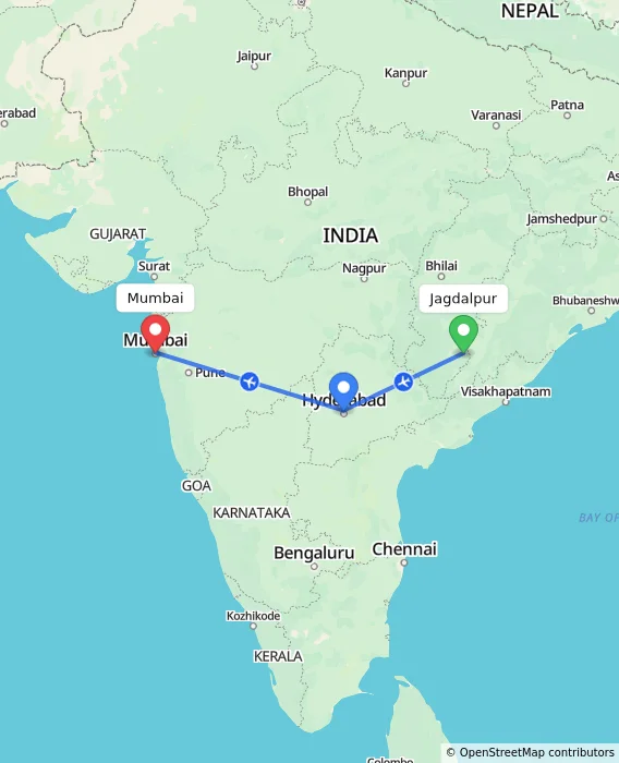 Route map showing distance and travel time from Jagdalpur, India to Mumbai, India