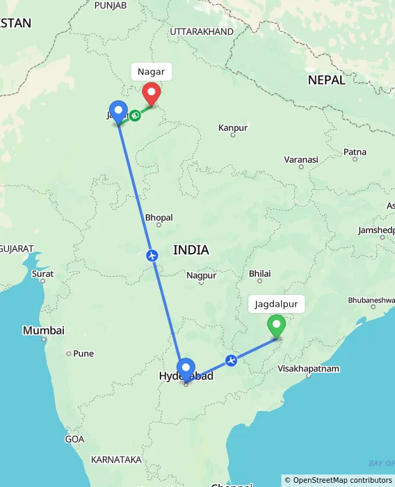 Route map showing distance and travel time from Jagdalpur, India to Nagar, India