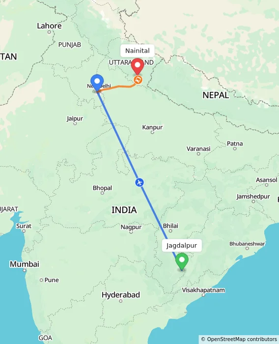 Route map showing distance and travel time from Jagdalpur, India to Nainital, India