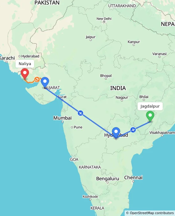 Route map showing distance and travel time from Jagdalpur, India to Naliya, India