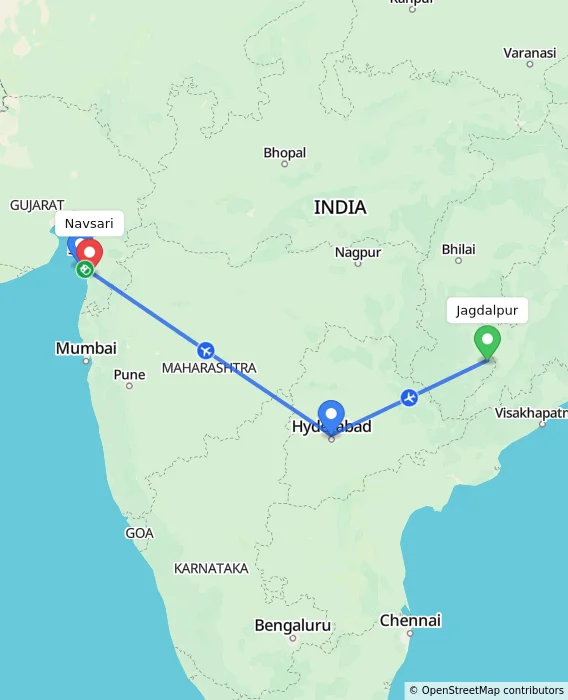 Route map showing distance and travel time from Jagdalpur, India to Navsari, India