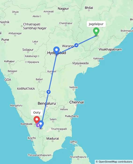 Route map showing distance and travel time from Jagdalpur, India to Ooty, India