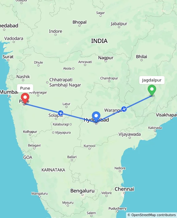 Route map showing distance and travel time from Jagdalpur, India to Pune, India
