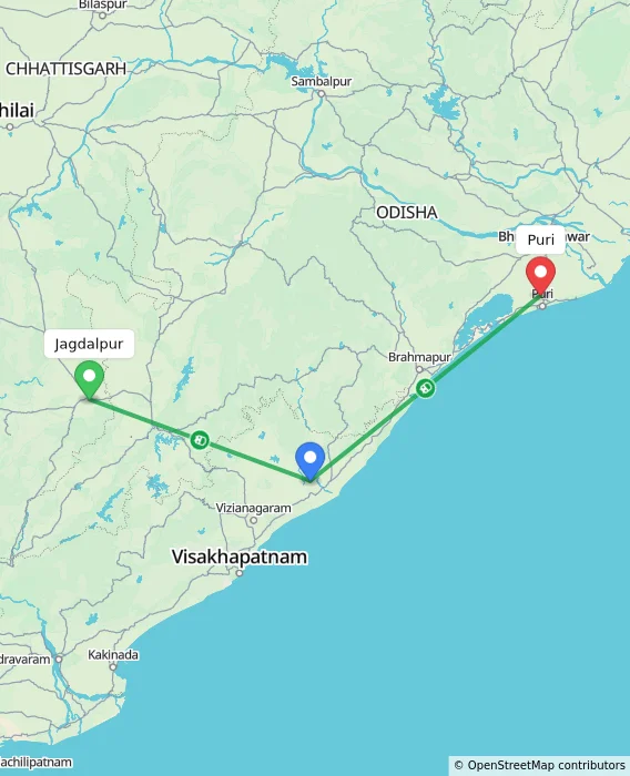 Route map showing distance and travel time from Jagdalpur, India to Puri, India