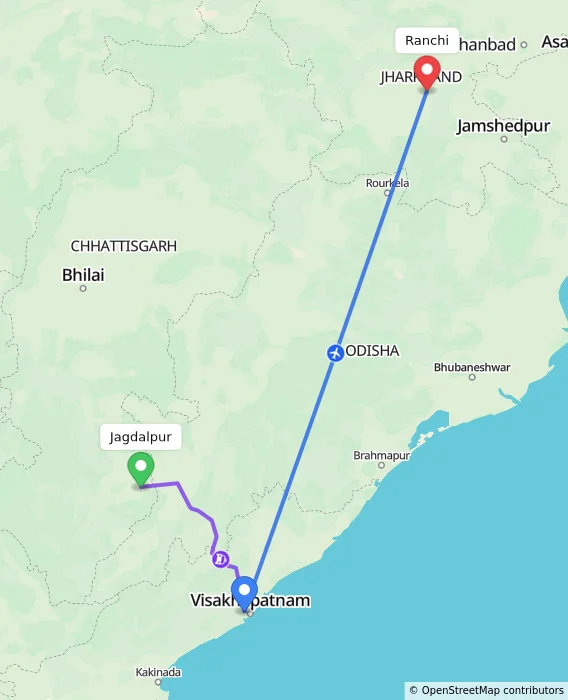 Route map showing distance and travel time from Jagdalpur, India to Ranchi, India