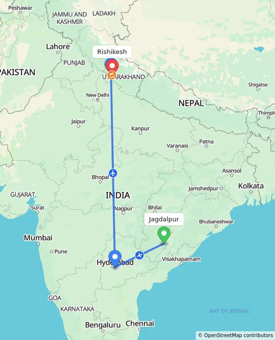 Route map showing distance and travel time from Jagdalpur, India to Rishikesh, India