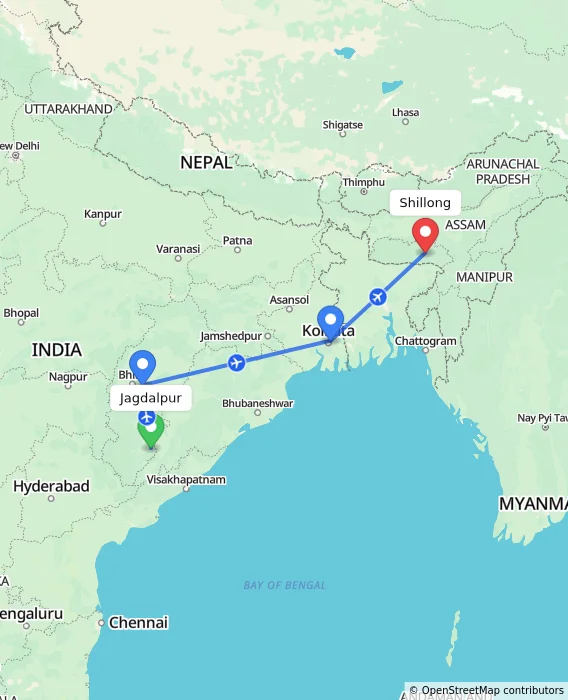 Route map showing distance and travel time from Jagdalpur, India to Shillong, India