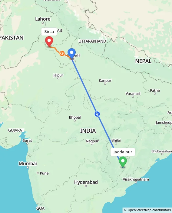Route map showing distance and travel time from Jagdalpur, India to Sirsa, India