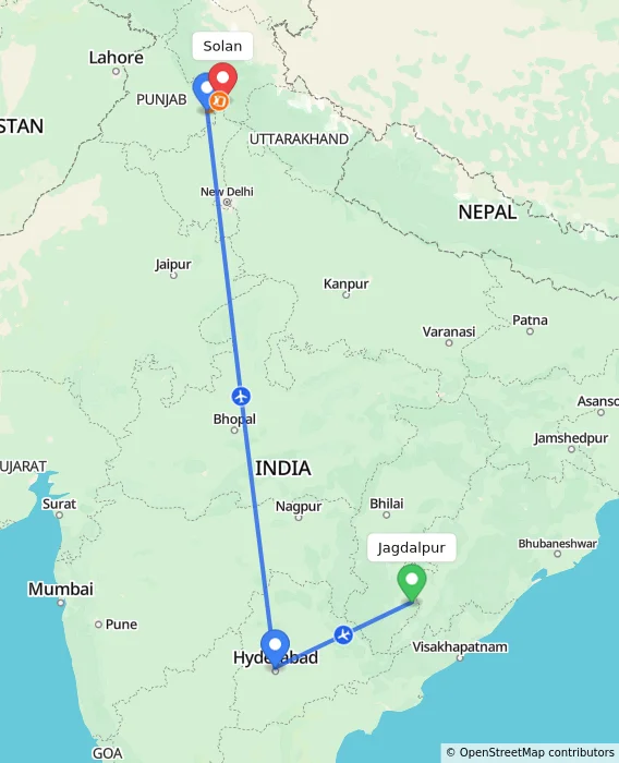 Route map showing distance and travel time from Jagdalpur, India to Solan, India