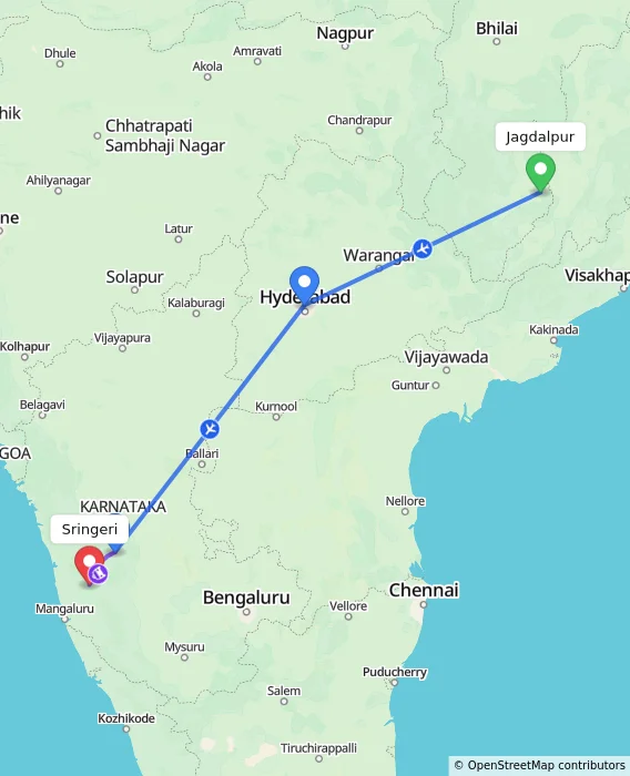 Route map showing distance and travel time from Jagdalpur, India to Sringeri, India