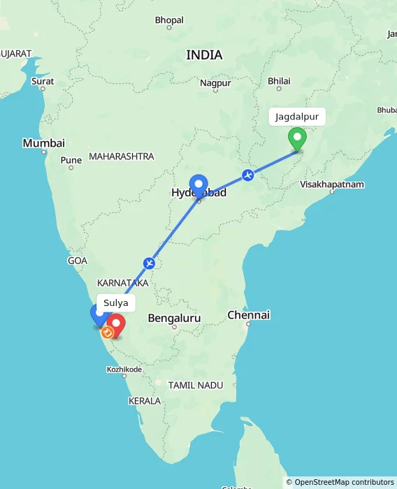 Route map showing distance and travel time from Jagdalpur, India to Sulya, India